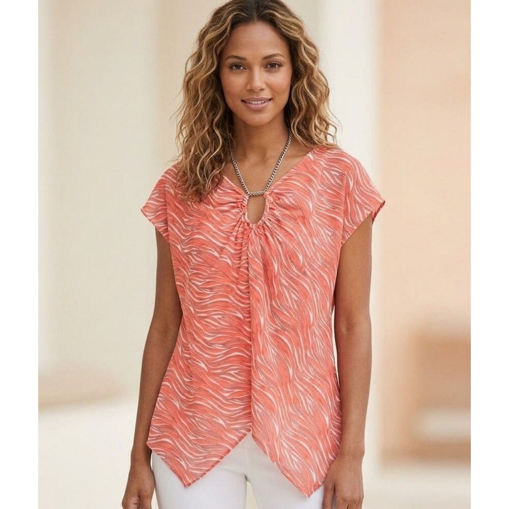 Michael Kors Coral Zebra Blouse Chain Keyhole Top Handkerchief Hem- Large